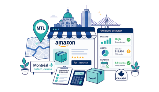 Amazon Online Store planning illustration for Montreal with a map pin and feasibility dashboard