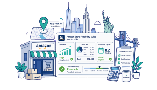 Amazon Online Store planning illustration for New York with a map pin and feasibility dashboard
