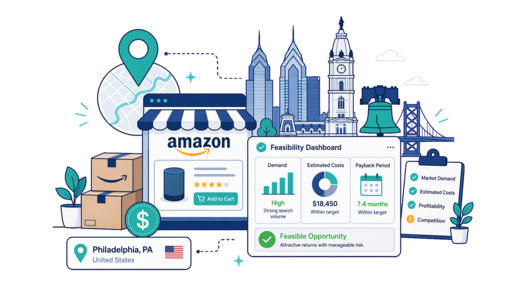 Amazon Online Store planning illustration for Philadelphia with a map pin and feasibility dashboard