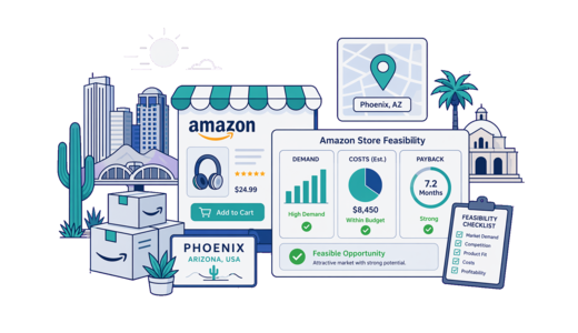 Amazon Online Store planning illustration for Phoenix with a map pin and feasibility dashboard