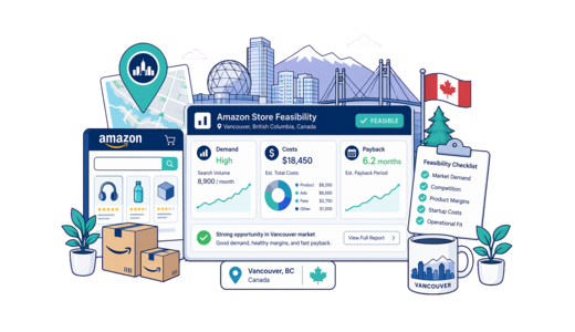 Amazon Online Store planning illustration for Vancouver with a map pin and feasibility dashboard