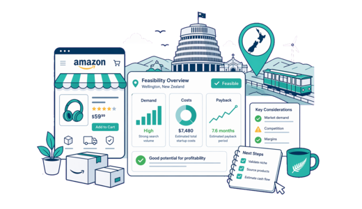 Amazon Online Store planning illustration for Wellington with a map pin and feasibility dashboard
