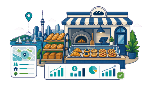 Bakery / Pastry Shop planning illustration for Auckland with a map pin and feasibility dashboard
