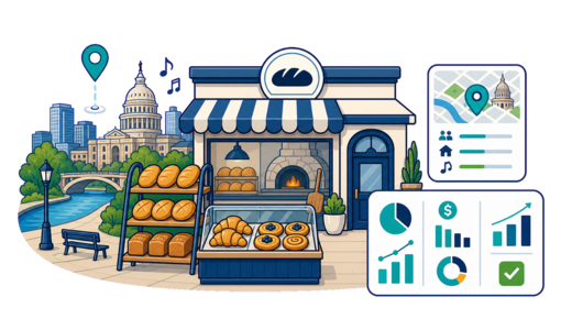 Bakery / Pastry Shop planning illustration for Austin with a map pin and feasibility dashboard