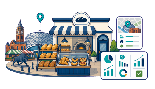 Bakery / Pastry Shop planning illustration for Birmingham with a map pin and feasibility dashboard
