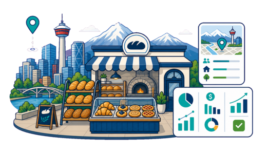 Bakery / Pastry Shop planning illustration for Calgary with a map pin and feasibility dashboard