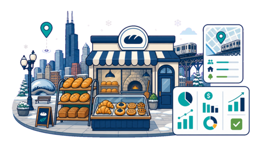 Bakery / Pastry Shop planning illustration for Chicago with a map pin and feasibility dashboard