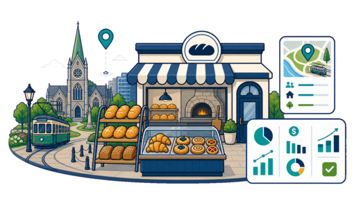 Bakery / Pastry Shop planning illustration for Christchurch with a map pin and feasibility dashboard