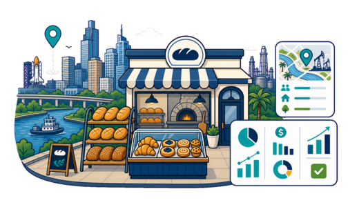 Bakery / Pastry Shop planning illustration for Houston with a map pin and feasibility dashboard