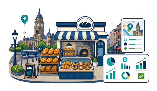 Bakery / Pastry Shop planning illustration for Leeds with a map pin and feasibility dashboard