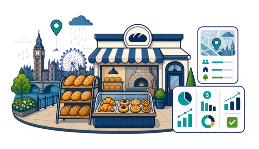Bakery / Pastry Shop planning illustration for London with a map pin and feasibility dashboard