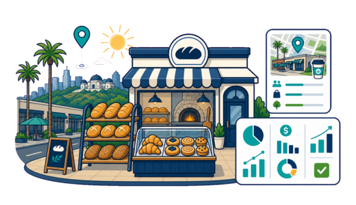 Bakery / Pastry Shop planning illustration for Los Angeles with a map pin and feasibility dashboard