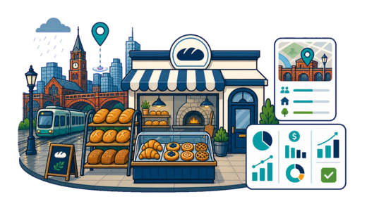 Bakery / Pastry Shop planning illustration for Manchester with a map pin and feasibility dashboard
