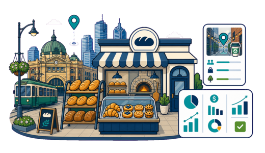 Bakery / Pastry Shop planning illustration for Melbourne with a map pin and feasibility dashboard
