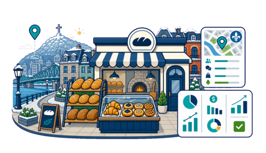 Bakery / Pastry Shop planning illustration for Montreal with a map pin and feasibility dashboard