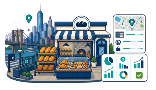 Bakery / Pastry Shop planning illustration for New York with a map pin and feasibility dashboard
