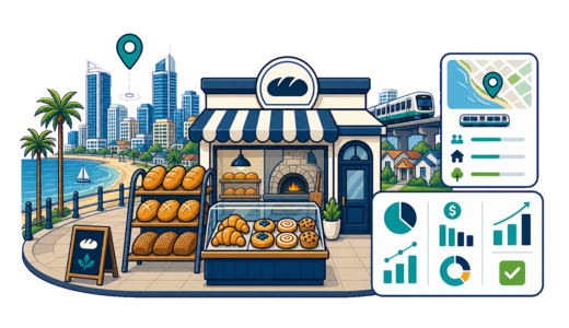 Bakery / Pastry Shop planning illustration for Perth with a map pin and feasibility dashboard