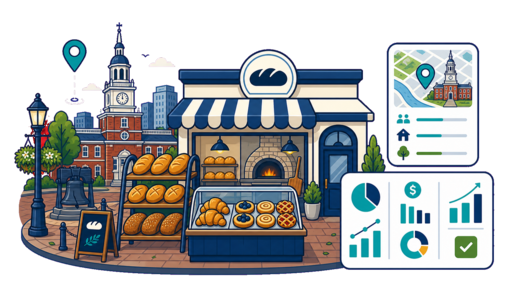 Bakery / Pastry Shop planning illustration for Philadelphia with a map pin and feasibility dashboard