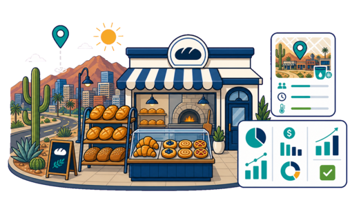 Bakery / Pastry Shop planning illustration for Phoenix with a map pin and feasibility dashboard