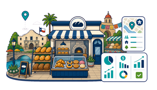 Bakery / Pastry Shop planning illustration for San Antonio with a map pin and feasibility dashboard