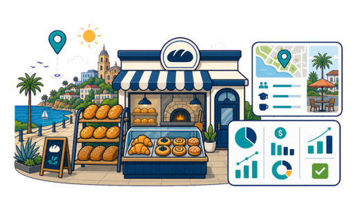 Bakery / Pastry Shop planning illustration for San Diego with a map pin and feasibility dashboard