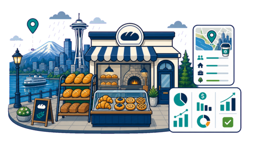 Bakery / Pastry Shop planning illustration for Seattle with a map pin and feasibility dashboard
