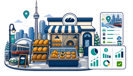 Bakery / Pastry Shop planning illustration for Toronto with a map pin and feasibility dashboard