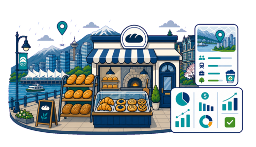 Bakery / Pastry Shop planning illustration for Vancouver with a map pin and feasibility dashboard