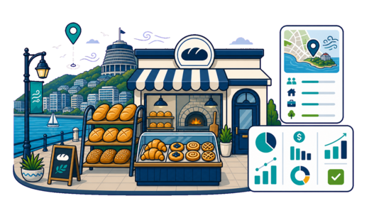 Bakery / Pastry Shop planning illustration for Wellington with a map pin and feasibility dashboard