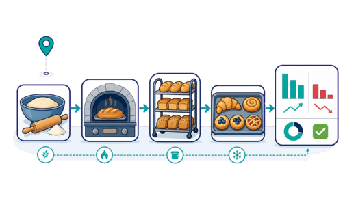 A bakery production flow from dough and oven to bread rack, pastry tray and sales chart