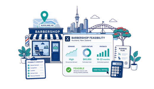 Barbershop planning illustration for Auckland with a map pin and feasibility dashboard