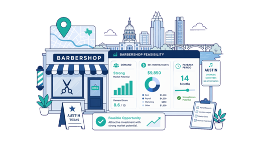 Barbershop planning illustration for Austin with a map pin and feasibility dashboard