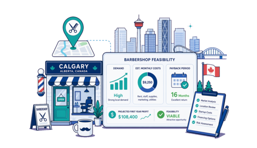 Barbershop planning illustration for Calgary with a map pin and feasibility dashboard