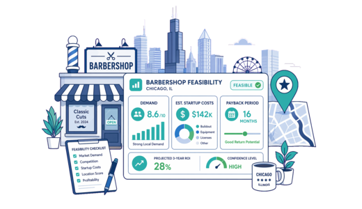 Barbershop planning illustration for Chicago with a map pin and feasibility dashboard