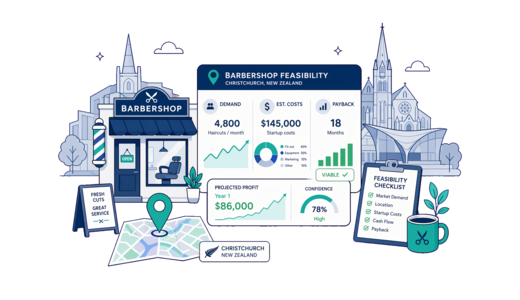 Barbershop planning illustration for Christchurch with a map pin and feasibility dashboard