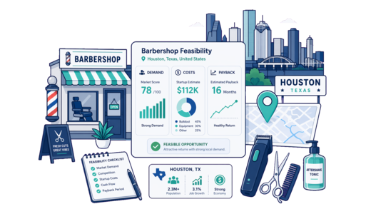Barbershop planning illustration for Houston with a map pin and feasibility dashboard