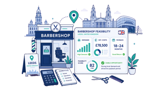 Barbershop planning illustration for Leeds with a map pin and feasibility dashboard