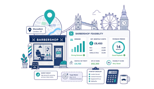Barbershop planning illustration for London with a map pin and feasibility dashboard