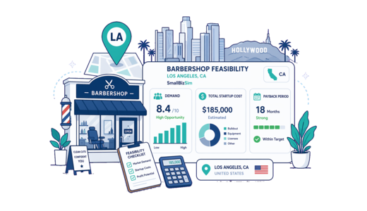 Barbershop planning illustration for Los Angeles with a map pin and feasibility dashboard