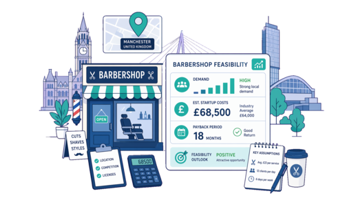 Barbershop planning illustration for Manchester with a map pin and feasibility dashboard