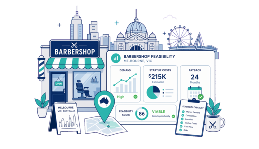 Barbershop planning illustration for Melbourne with a map pin and feasibility dashboard
