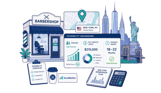 Barbershop planning illustration for New York with a map pin and feasibility dashboard