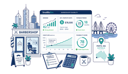 Barbershop planning illustration for Perth with a map pin and feasibility dashboard