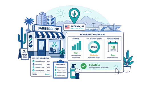 Barbershop planning illustration for Phoenix with a map pin and feasibility dashboard
