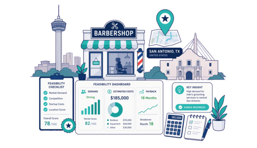 Barbershop planning illustration for San Antonio with a map pin and feasibility dashboard