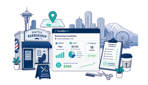 Barbershop planning illustration for Seattle with a map pin and feasibility dashboard