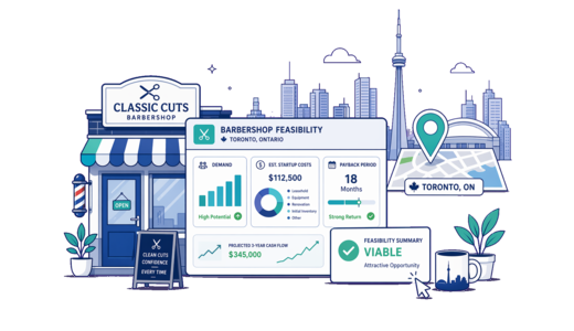 Barbershop planning illustration for Toronto with a map pin and feasibility dashboard