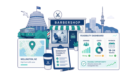 Barbershop planning illustration for Wellington with a map pin and feasibility dashboard