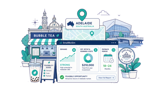 Bubble Tea Shop planning illustration for Adelaide with a map pin and feasibility dashboard