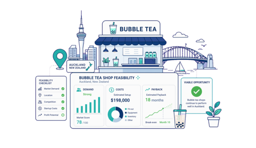 Bubble Tea Shop planning illustration for Auckland with a map pin and feasibility dashboard